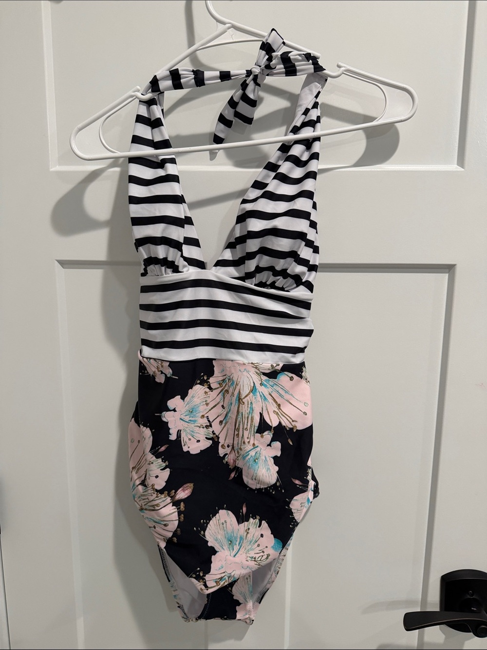 Women’s Black & White Stripe Halter Floral One-Piece Swimsuit